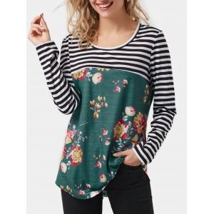 

Striped Mix Floral Lace Panel Long Sleeve Top, Deep green