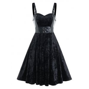 

Buckle Strap Velvet Fabric Lace-up Sleeveless Dress, Black