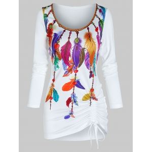 

Colorful Feather Print Drawstring Hem Long Sleeve T Shirt, White