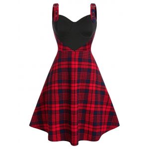 

Plus Size Plaid Cupped Eyelet Buckle A Line Dress, Lava red