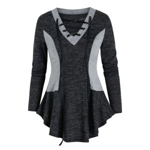

Contrast Color Lace Up Knitted T Shirt, Dark slate grey