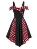 Contrast Polka Dot Print Cold Shoulder Vintage Asymmetrical Dress -  