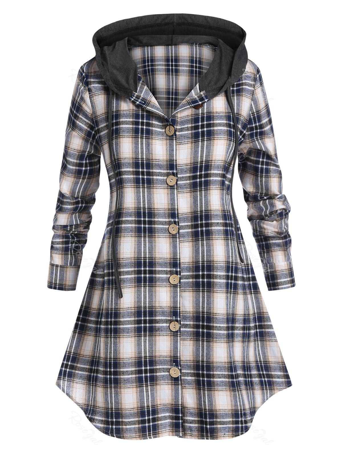 

Plus Size Plaid Hooded Curved Hem Tunic Blouse, Deep blue