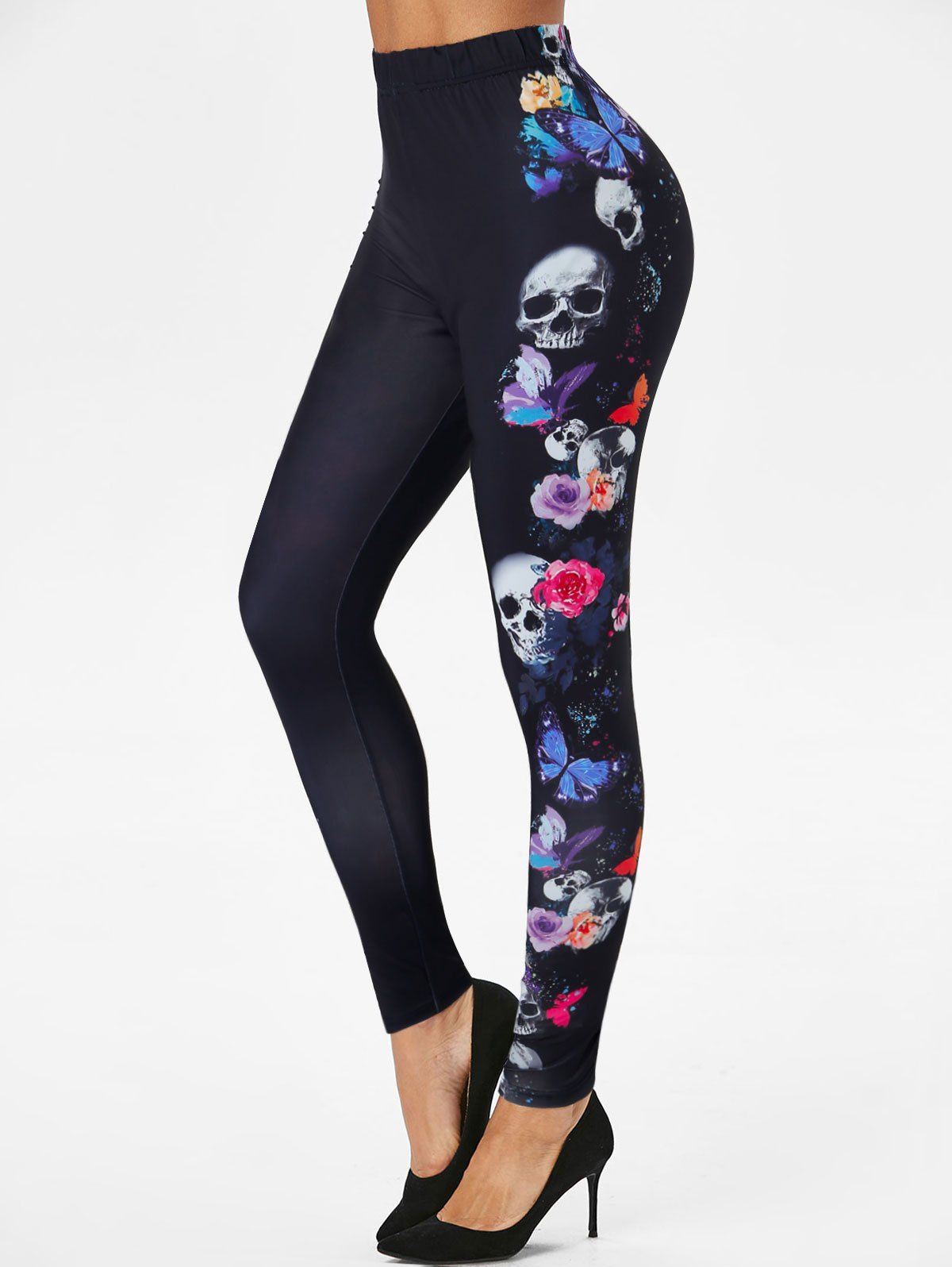 

Skull Butterfly Print Pull On Skinny Leggings, Black