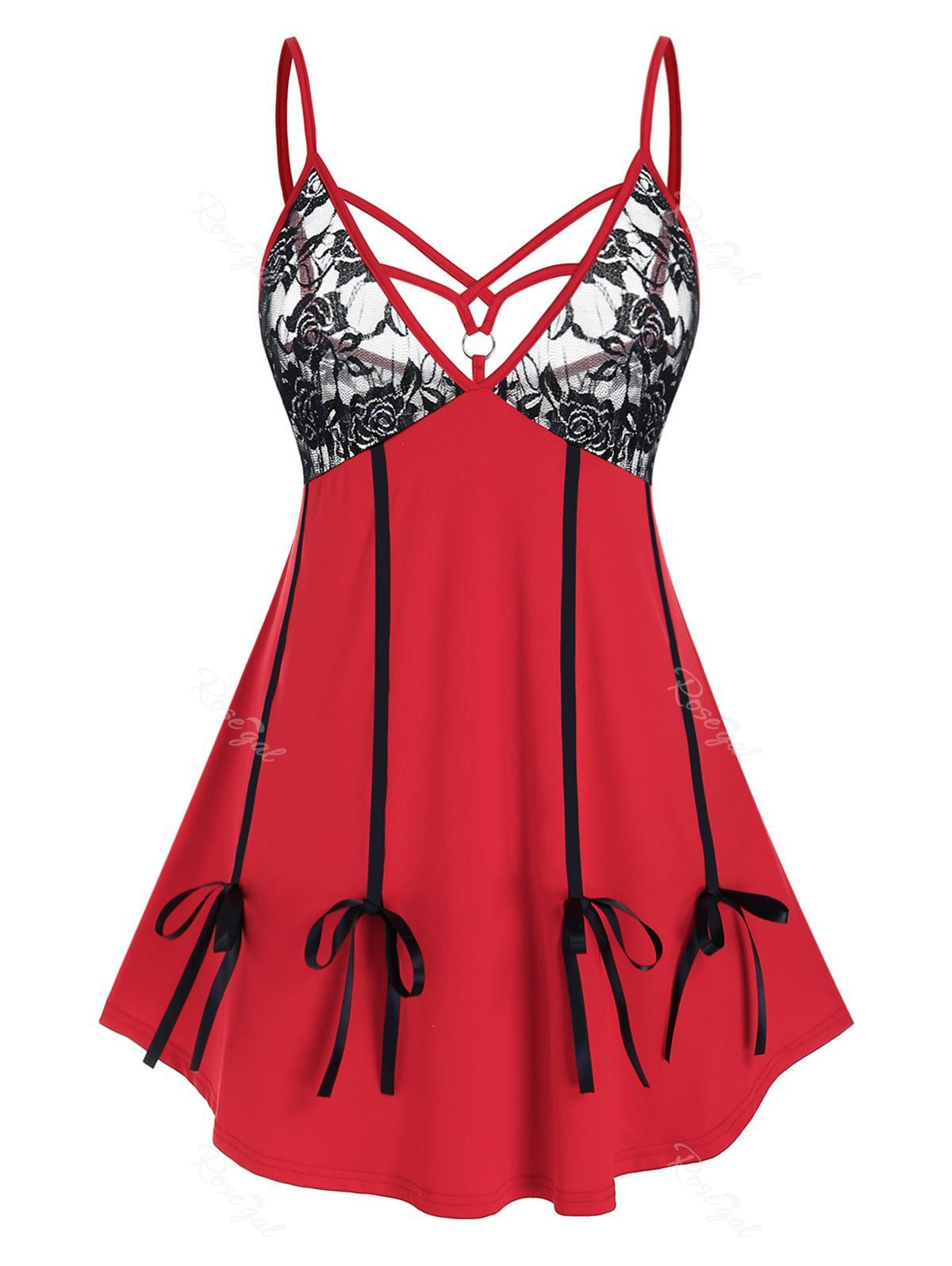 

Plus Size Lace Bowknot Ring Sheer Cami Sexy Babydoll Set, Red