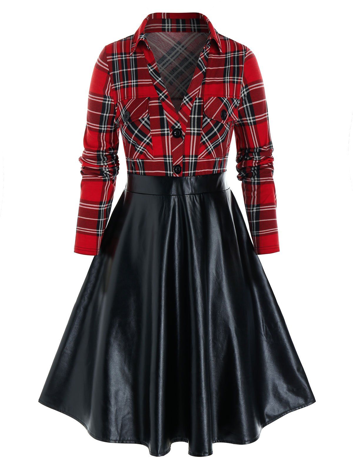 

Plus Size Plaid PU Leather Pocket A Line Dress, Cherry red