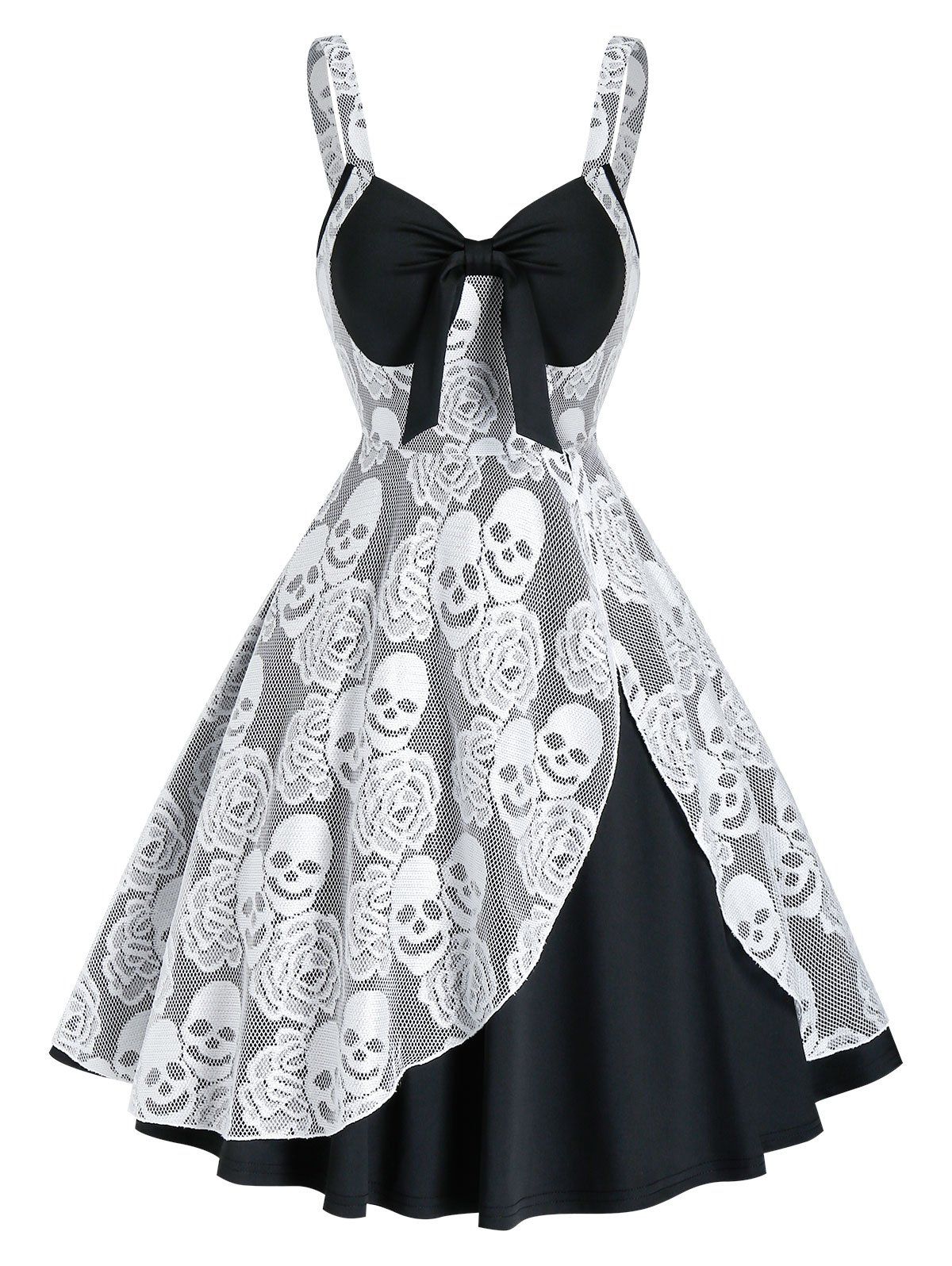 

Gothic Sleeveless Skull Lace Insert Twofer Dress, Black