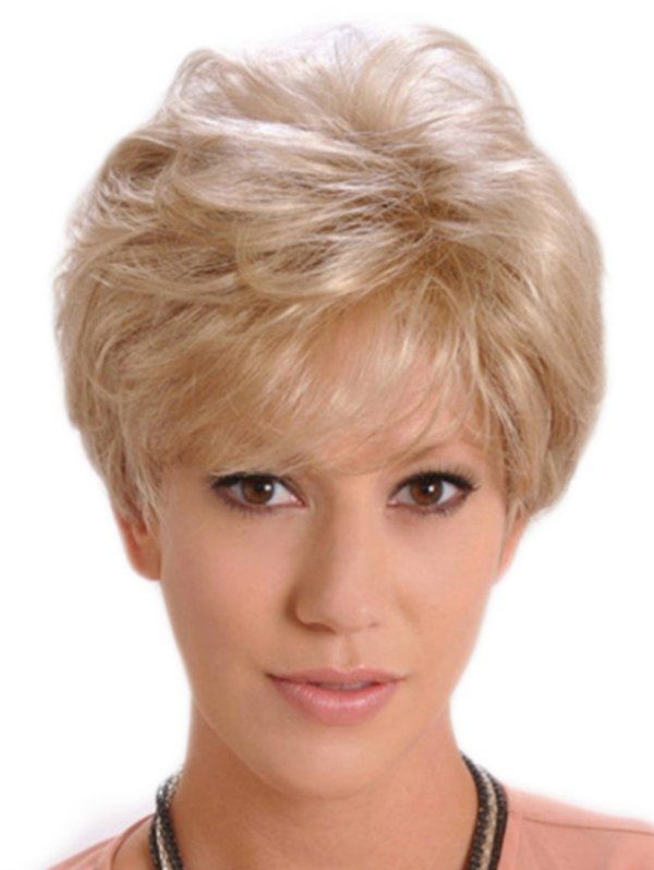 

Short Side Bang Slightly Curl Fluffy Synthetic Wig, Champagne gold