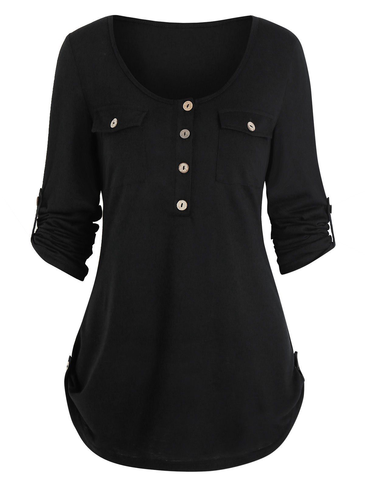 

Buttons Pockets Roll Tab Sleeve Casual T-shirt, Black