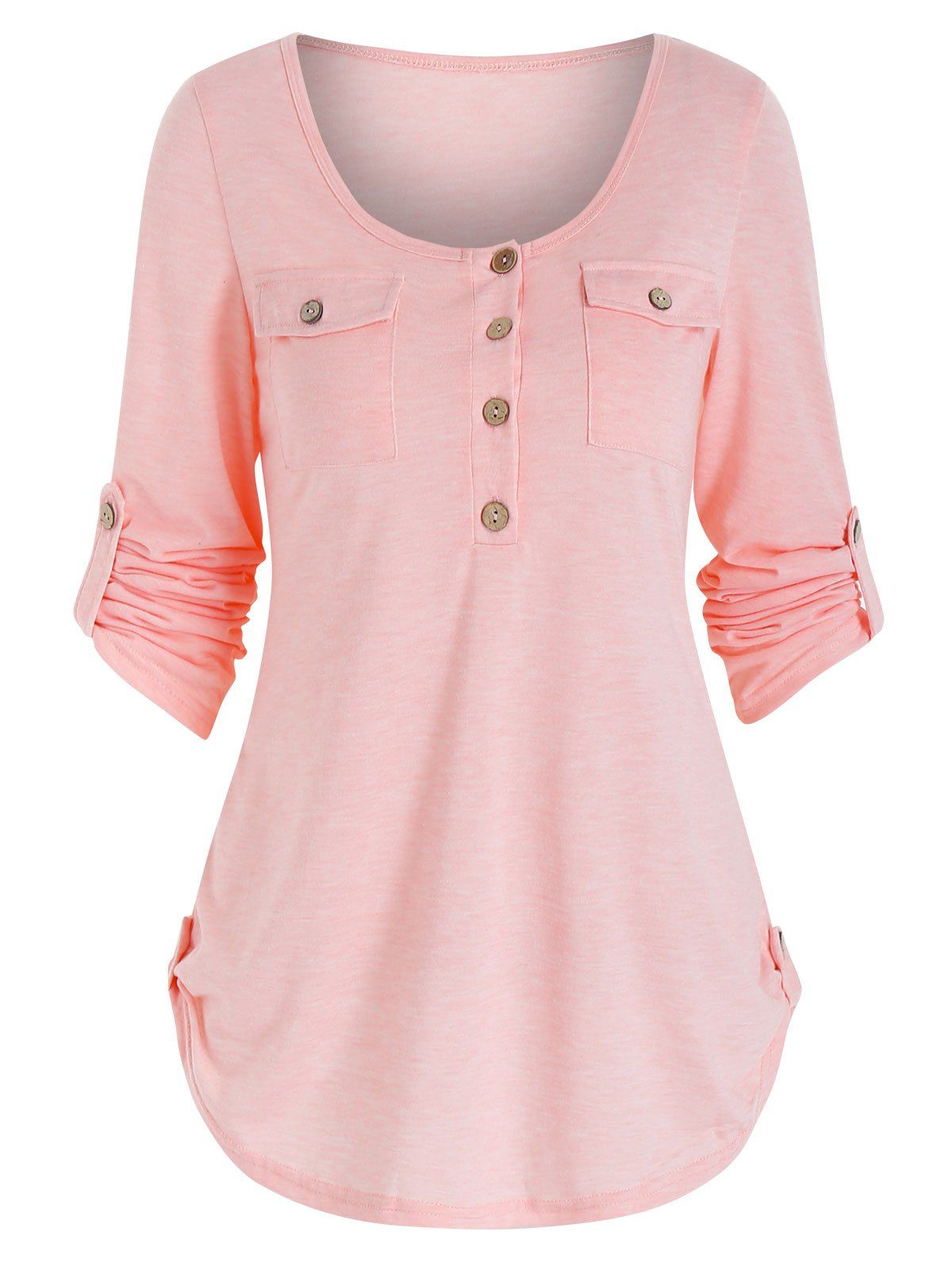 

Buttons Pockets Roll Tab Sleeve Casual T-shirt, Sakura pink