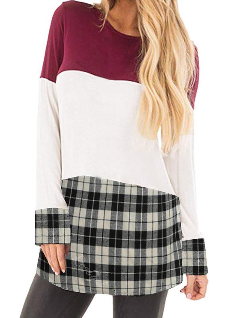

Colorblock Plaid Long Sleeve Top, Deep red