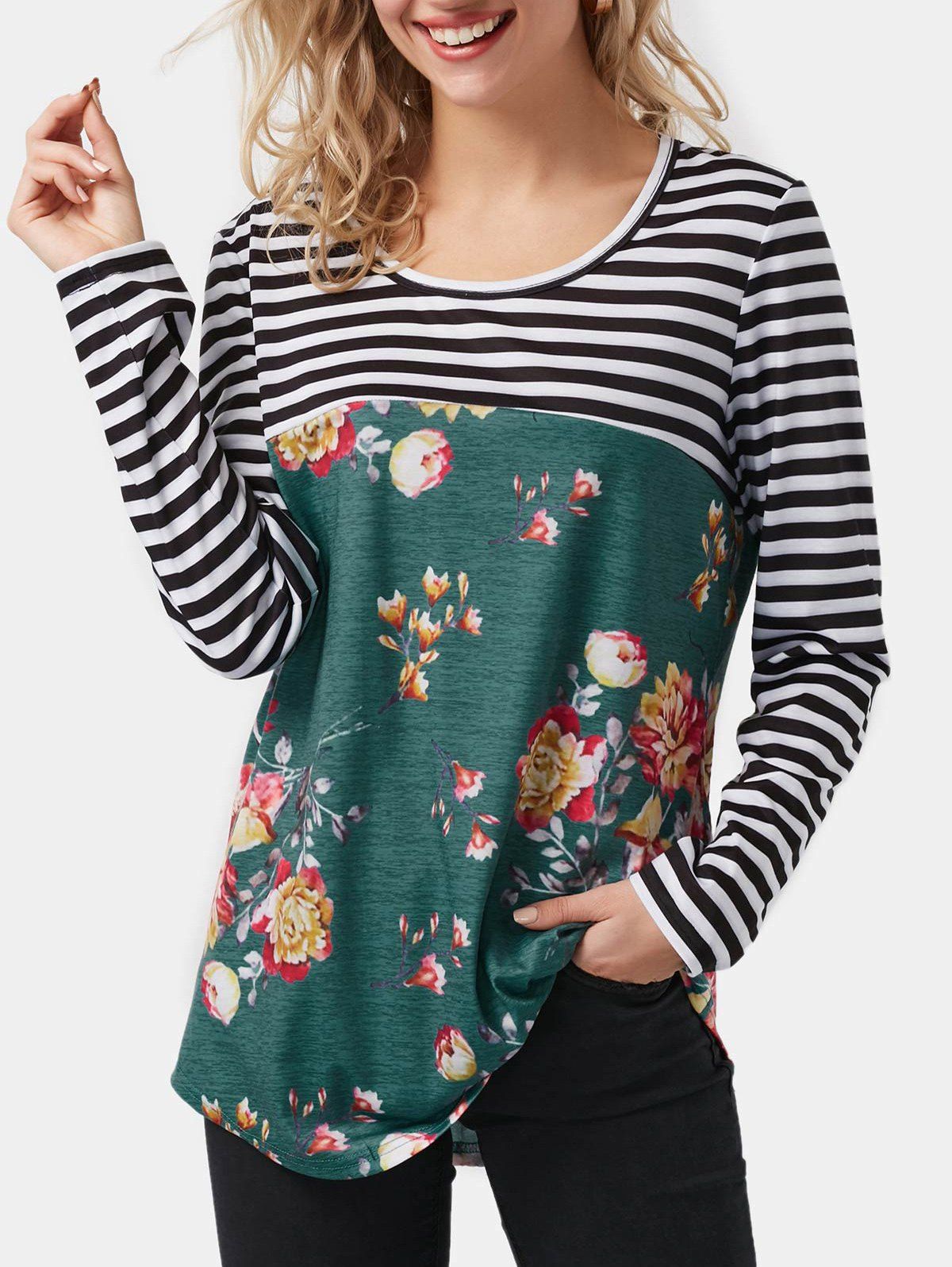 

Striped Mix Floral Lace Panel Long Sleeve Top, Deep green