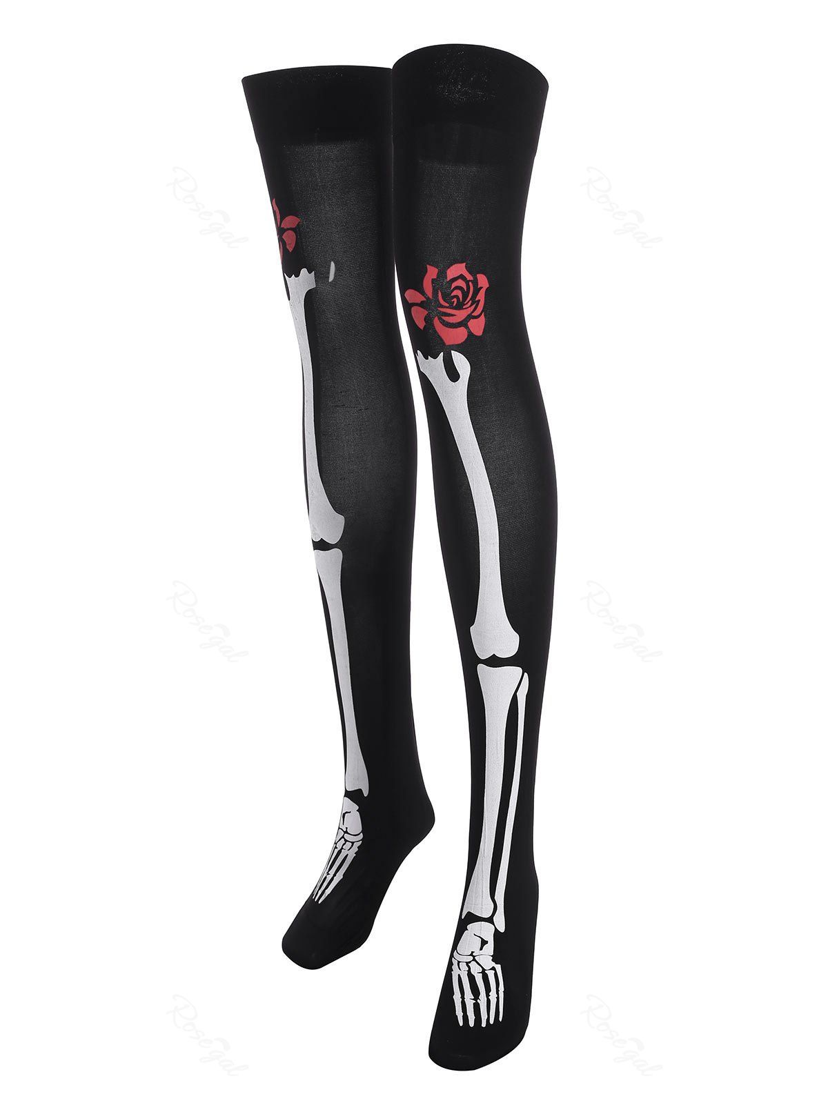

Plus Size Floral Skeleton Halloween Thigh Highs, Black