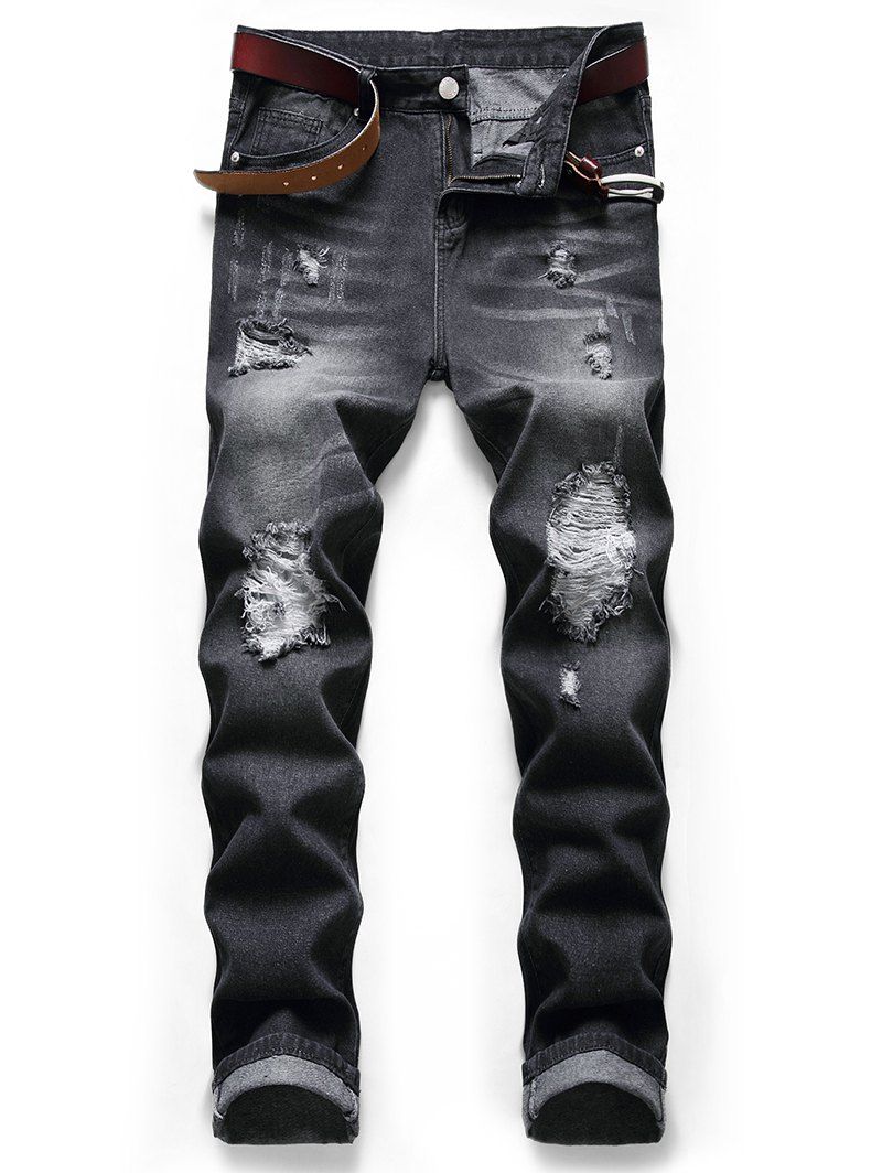 

Distressed Long Destroy Wash Jeans, Natural black