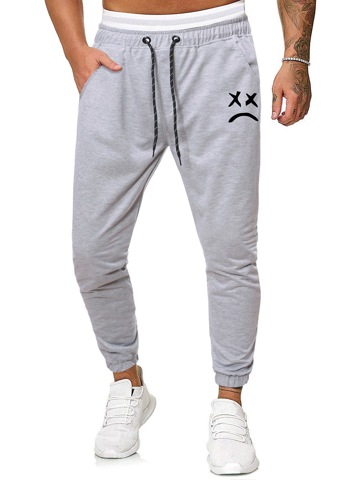 

Funny Face Graphic Casual Drawstring Sweatpants, Light gray