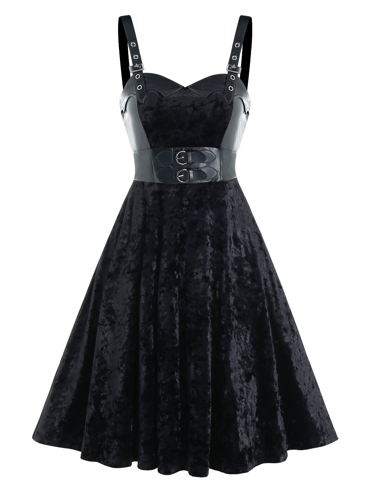 

Buckle Strap Velvet Fabric Lace-up Sleeveless Dress, Black