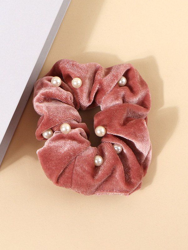 

Faux Pearl Velour Elastic Fabric Scrunchie, Lipstick pink