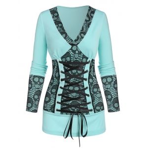 

Halloween Skull Lace Panel Lace-up Front T-shirt, Light slate