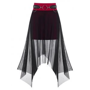 

Gothic O Ring Mesh Overlay Handkerchief Skirt, Red wine