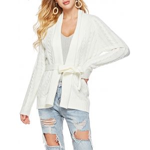 

Belted Shawl Collar Cable Knit Cardigan, White