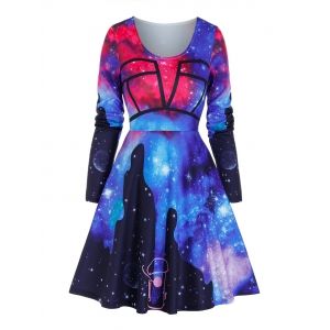 

Galaxy Print Long Sleeve Flare Dress, Multi a