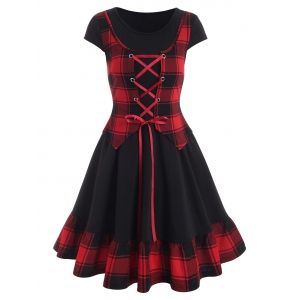 

Plaid Print Lace-up Flounce Hem Twofer Dress, Black