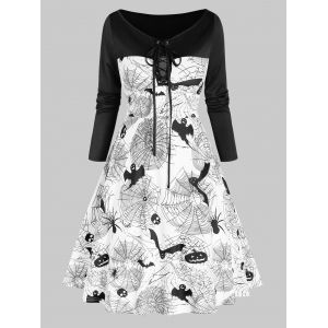 

Halloween Pumpkin Bat Spider Web Print Lace-up Flare Dress, White