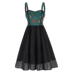 

Sun Moon Star Print Overlay Mesh Cami Dress, Black