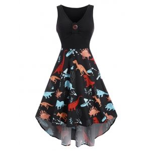 

Dinosaur Print One Button Sleeveless High Low Dress, Black