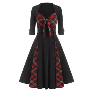 

Mock Button Plaid Print Bowknot Detail Vintage Dress, Black