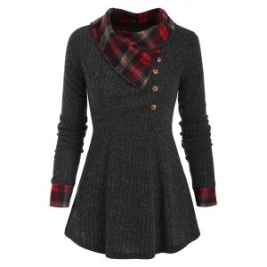 

Mock Button Plaid Insert Knitwear, Dark gray