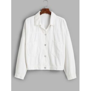

Patched Pockets Button Up Plus Size Denim Jacket, White