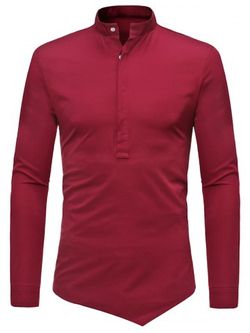 Half Button Asymmetrical Plain Shirt - RED - XL