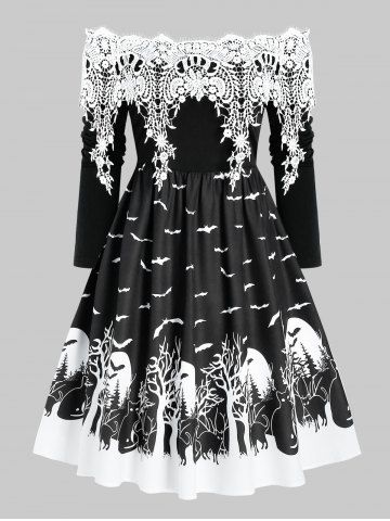 Off Shoulder Bat Print Lace Panel Mini Dress - BLACK - M