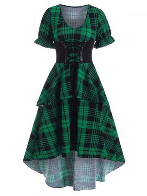 Plaid Print V Neck Layered High Low Dress