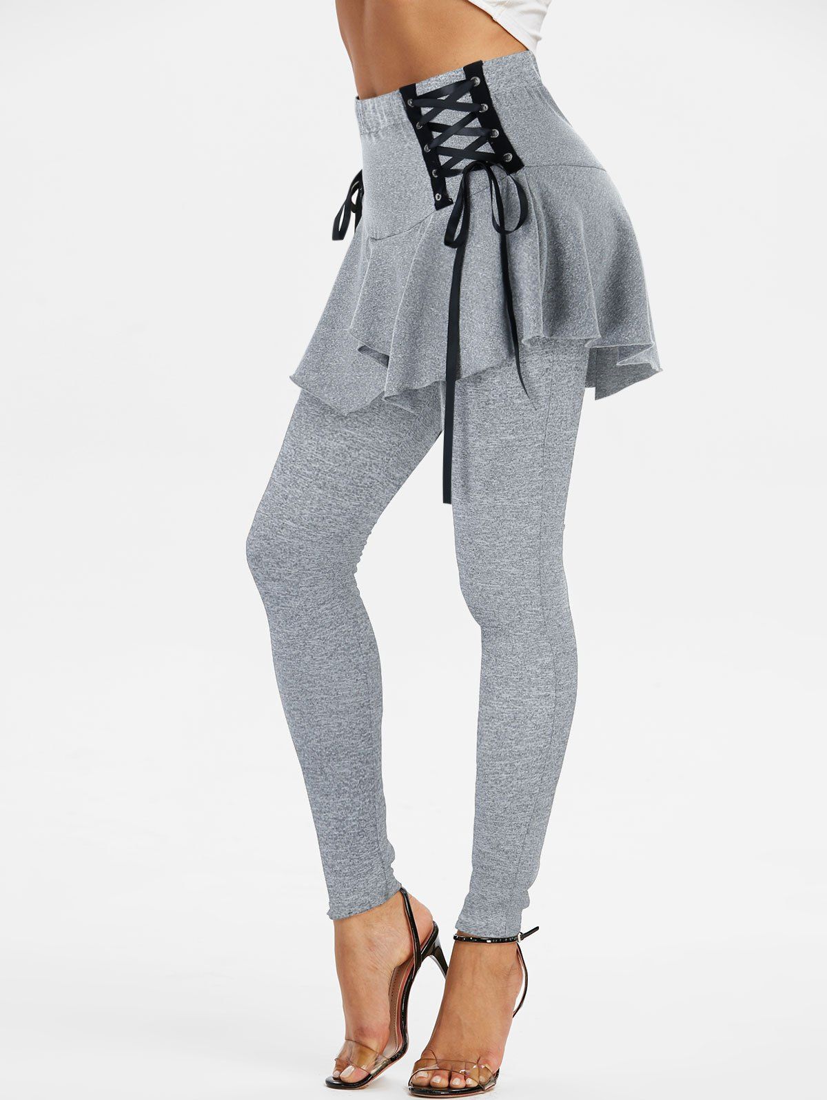

Lace Up Elastic Waist Asymmetrical Skirted Leggings, Light gray