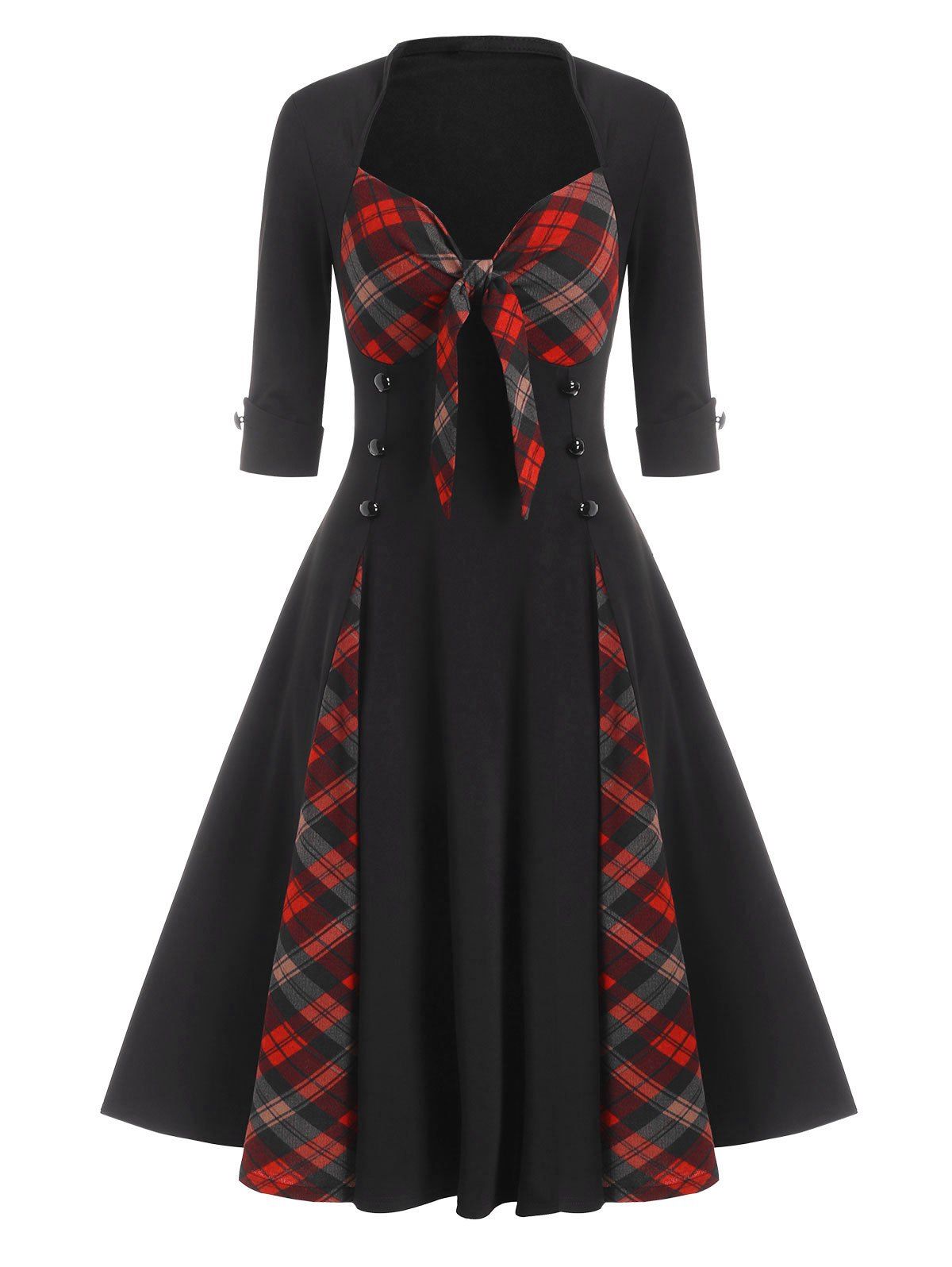 

Mock Button Plaid Print Bowknot Detail Vintage Dress, Black