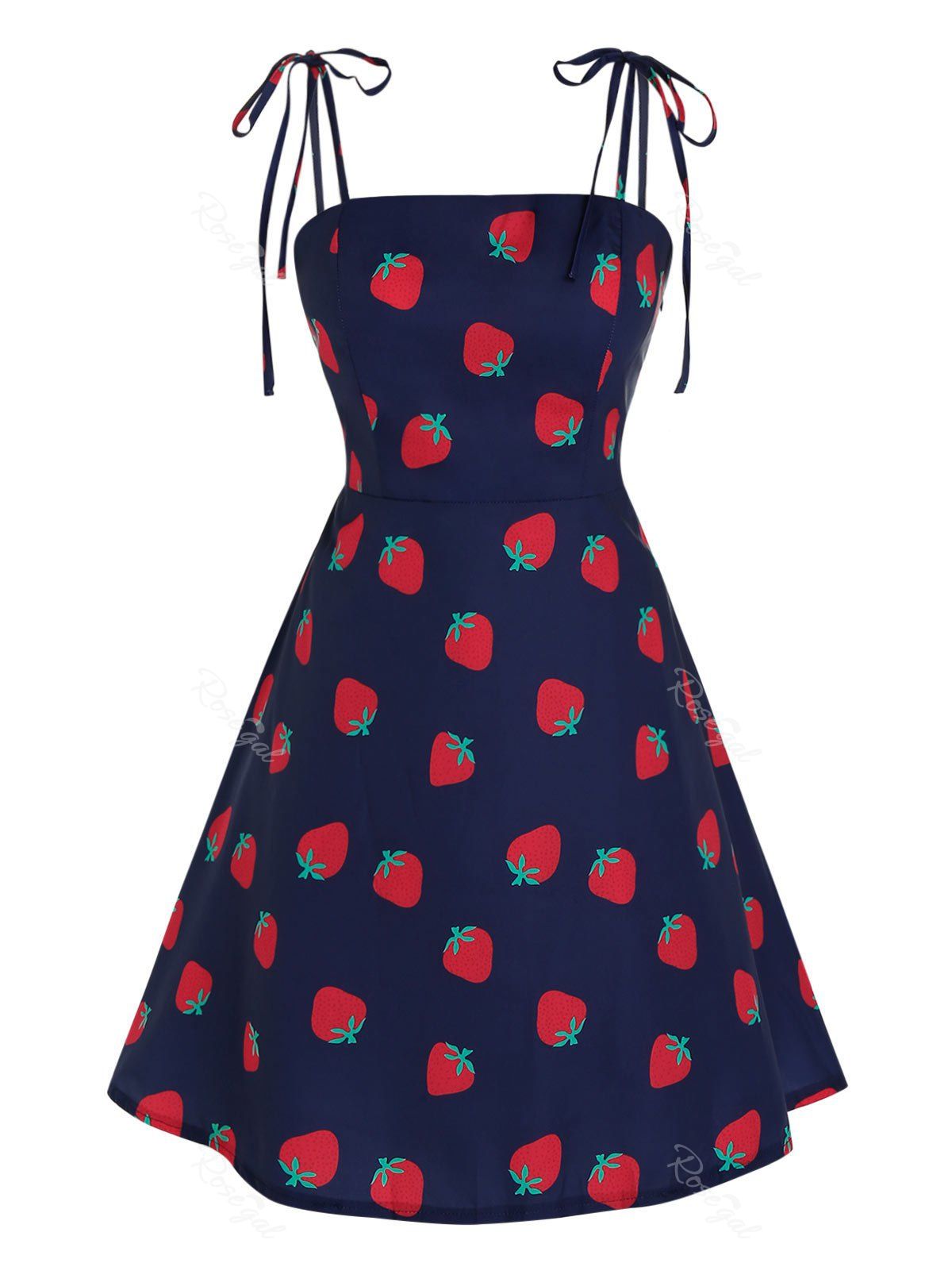 

Plus Size Tie Shoulder Strawberry Print Dress, Red