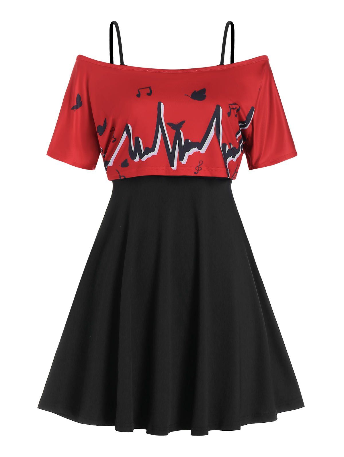 

Off The Shoulder Graphic Top and Cami Dress Set, Red