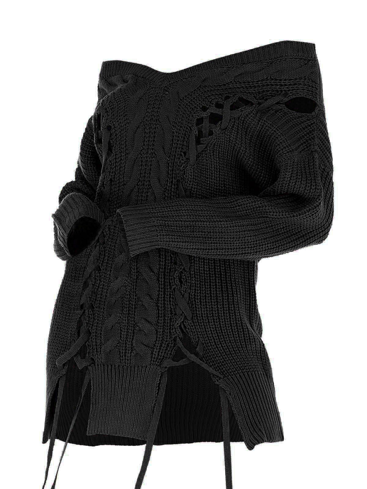 

Lace Up Cable Knit V Neck Sweater, Black