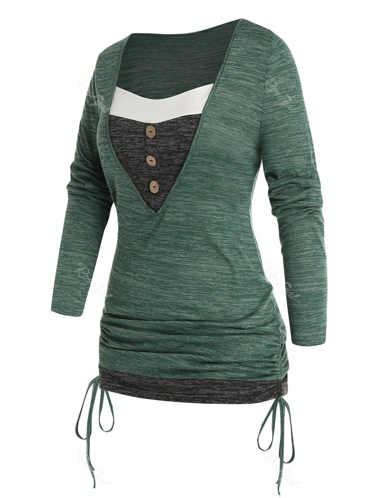 

Plus Size Space Dye 2 In 1 Cinched Ruched Tee, Deep green