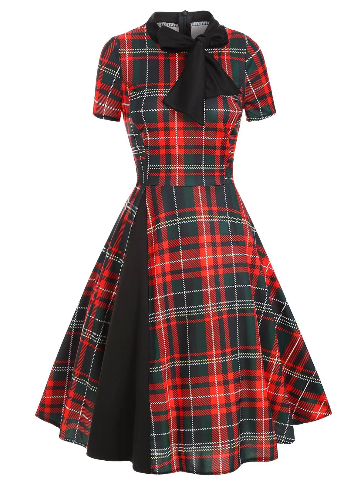 

Bow Tie Plaid Vintage Midi Dress, Red