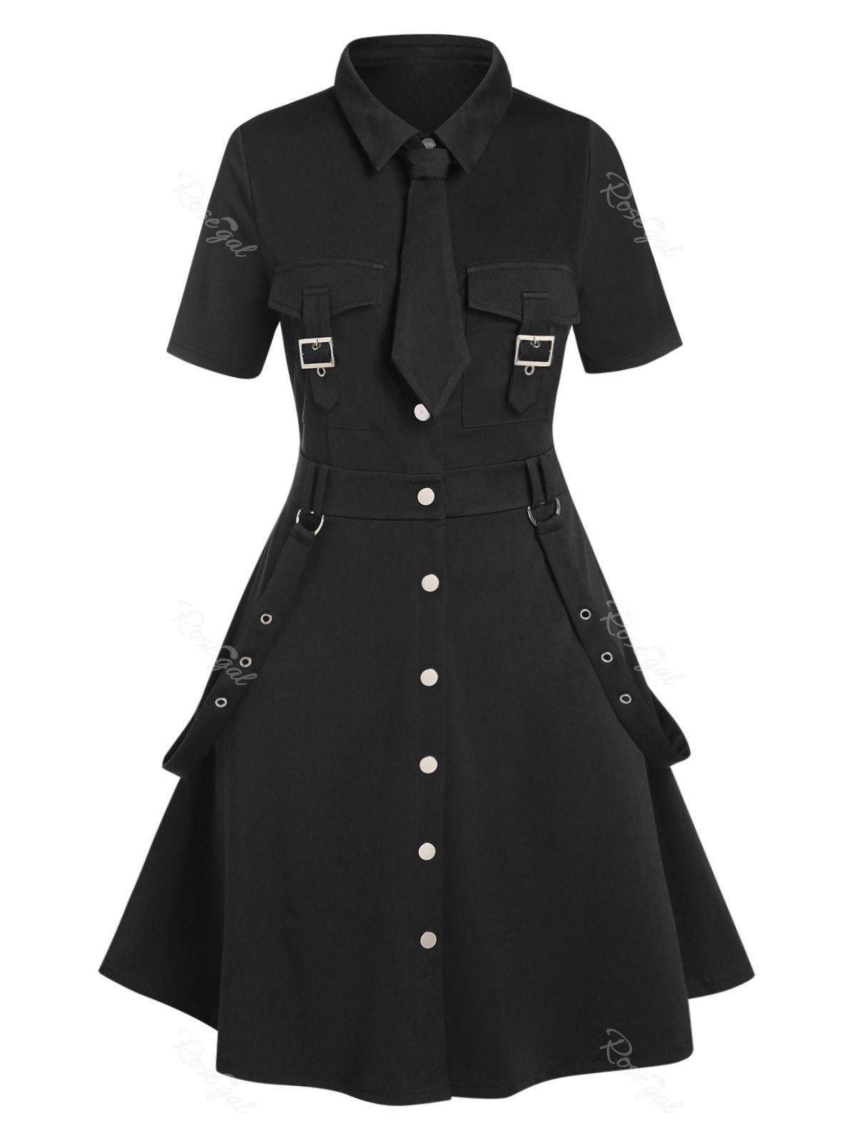 

Plus Size Buckles Eyelash Button Up Cargo Dress, Black