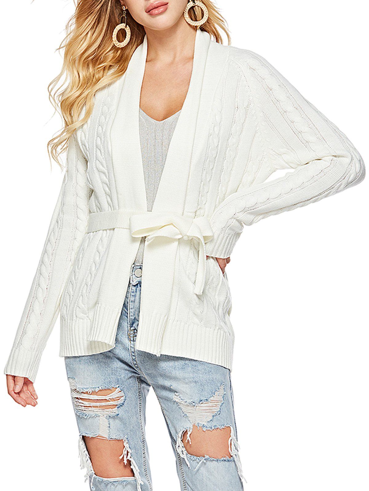 

Belted Shawl Collar Cable Knit Cardigan, White