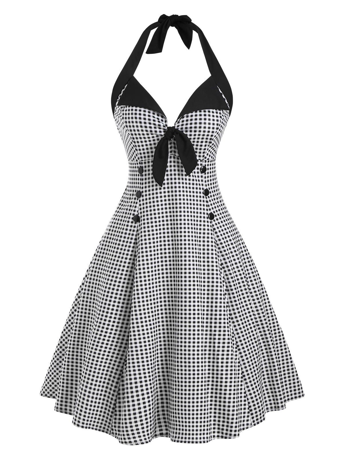 

Vintage Plaid Bowknot Button Embellished Dress, White
