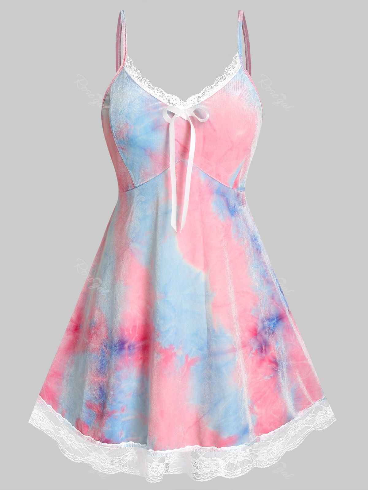 Plus Size Tie Dye Lace Hem Backless Velvet Dress Set