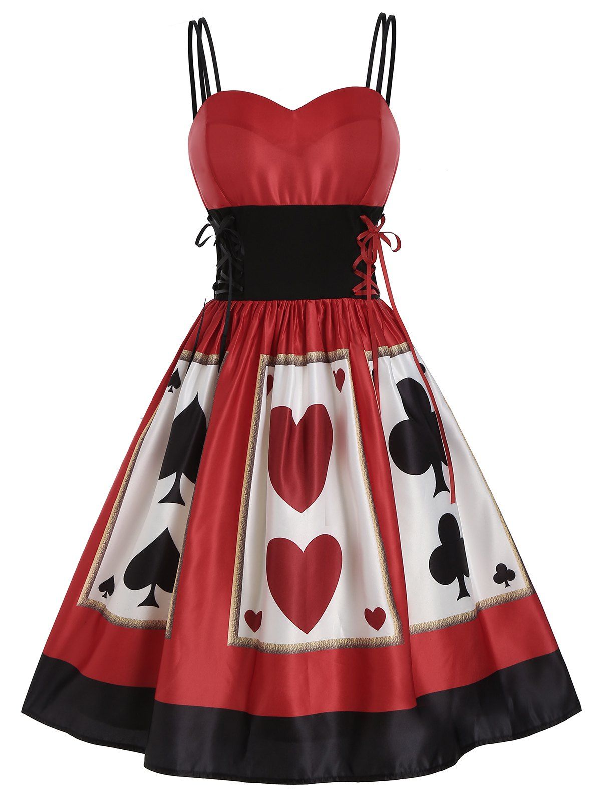 

Playing Card Print Lace Up Empire Waist Dress, Red