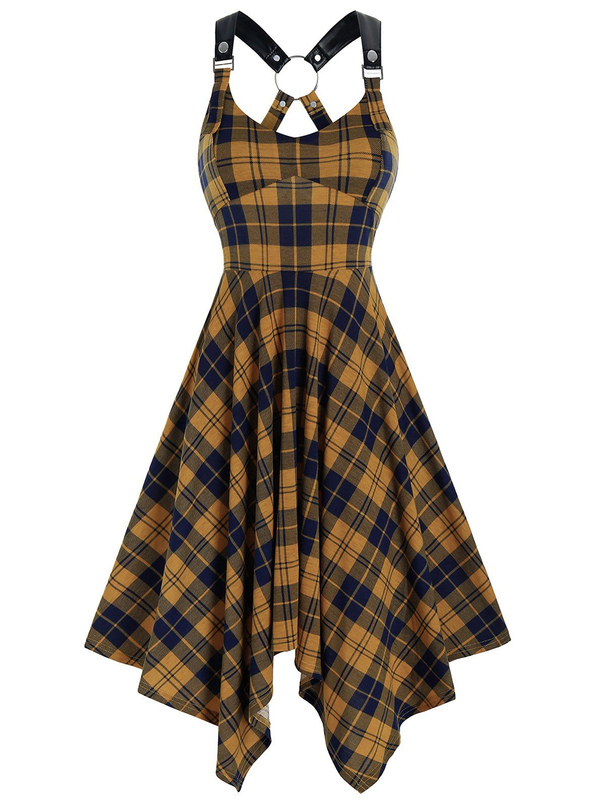 

Plaid Print Sleeveless Handkerchief Dress, Deep yellow
