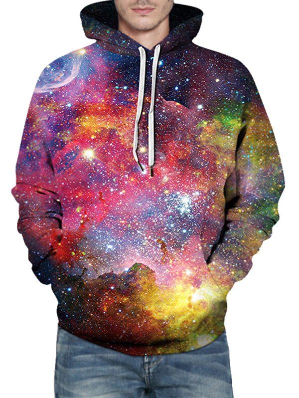 

Galaxy Print Front Pocket Drawstring Hoodie, Nebula