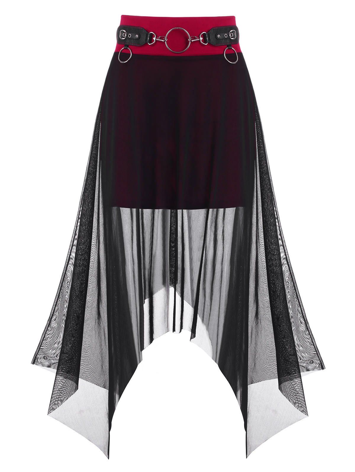 

Gothic O Ring Mesh Overlay Handkerchief Skirt, Red wine